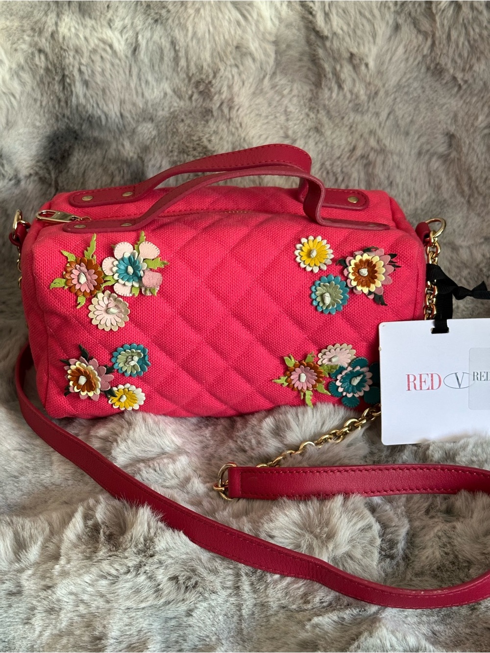 RED Valentino Quilted Hot Pink Floral Appliqué Crossbody Bag
